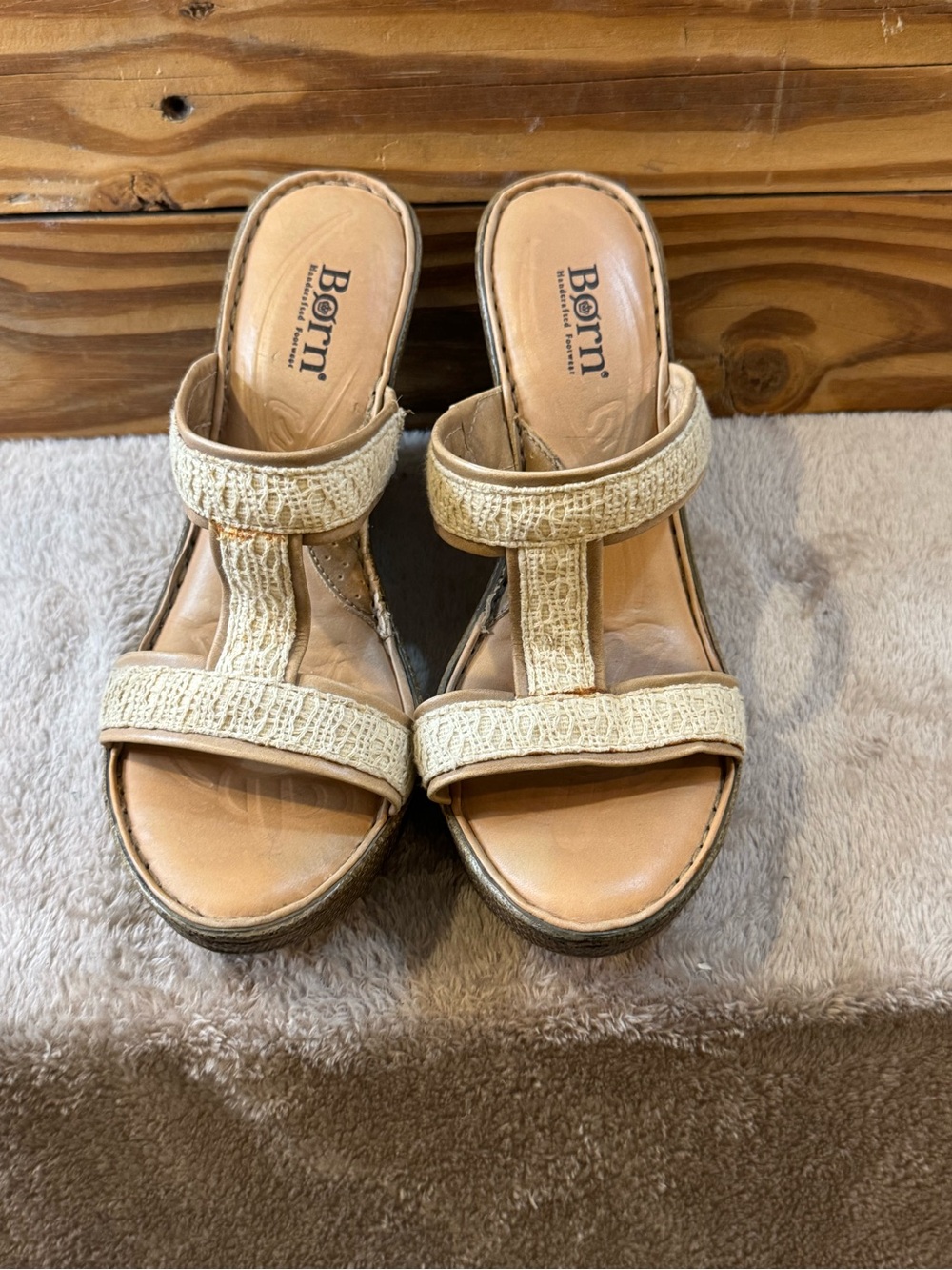 Born Cream Textured Strap Wedge Sandals